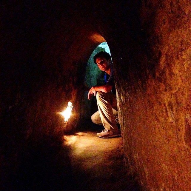 Kneeling inside the Cu Chi tunnels north of Ho Chi Minh City. Cu Chi was the site of heavy US bombing during the #Vietnam #War. The Viet Cong built over 250 kilometers of tunnels to avoid detection and to ambush #American forces between #saigon and #Cambodia. Some of the #tunnels have been widened for #western #tourists, but they still make you feel #claustrophobic. (Pic by @steph_bied)