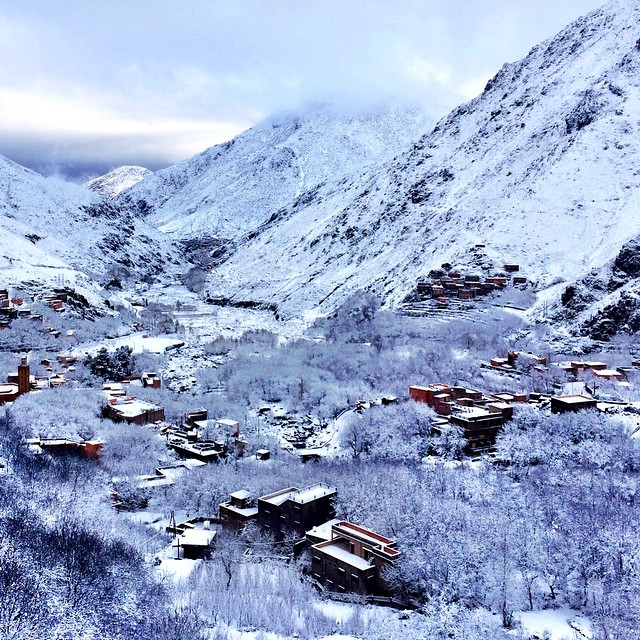 The village on Imlil in Morocco's High Atlas, at the base of North Africa's tallest mountain, Mount Toubkal. Only the second time I've seen snow in eight years. #Morocco #travel #africa