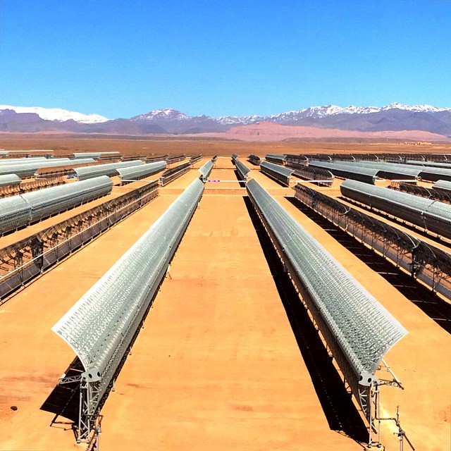 Parabolic mirrors at the Noor 1 solar plant in the desert outside #Ouarzazate. The complex is due to open later this year, and will be the first of several phases.  #Morocco is investing hundreds of millions of dollars in renewables to reduce its dependency on fossil fuels for #energy.