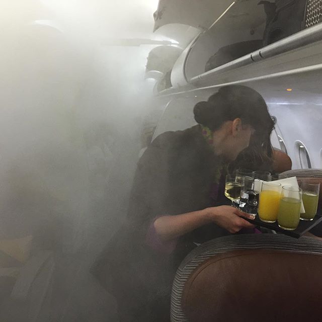 Check out the #fog onboard our flight from #AbuDhabi to #India. This was taken right after boarding early this morning. Flight attendants said it was caused by the high humidity outside meeting the cold aircraft interior. You couldn't see more than 10 feet down the length of the aircraft while we were on the tarmac. Never seen it so thick before. Soon as they shut the door for takeoff, it all disappeared. #nofilter